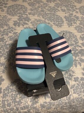 Girl's size 2 adidas Light Blue Slides with Navy and Pink Stripes New in box